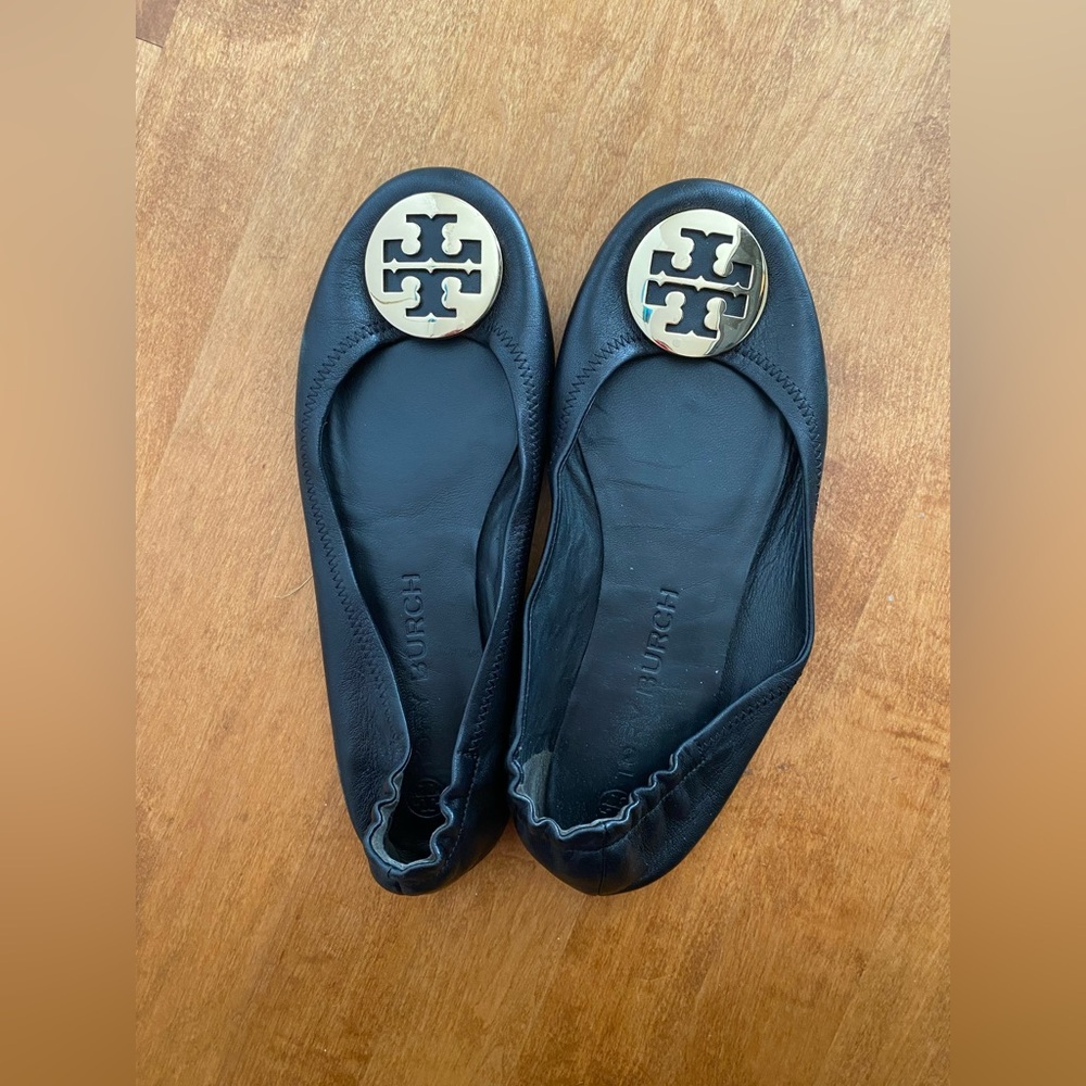 Tory Burch Black Flats with Gold Emblem